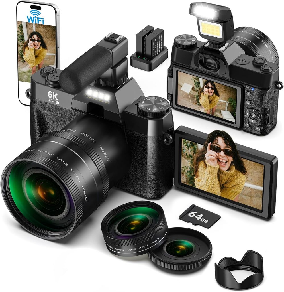 6K WiFi Flip Screen Digital Camera, Mic & Fill Light for Photography