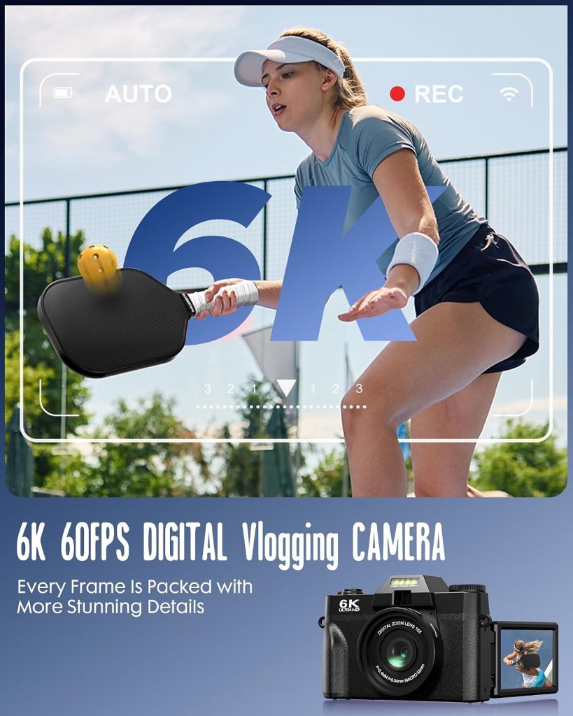 6K WiFi Flip Screen Digital Camera, Mic & Fill Light for Photography