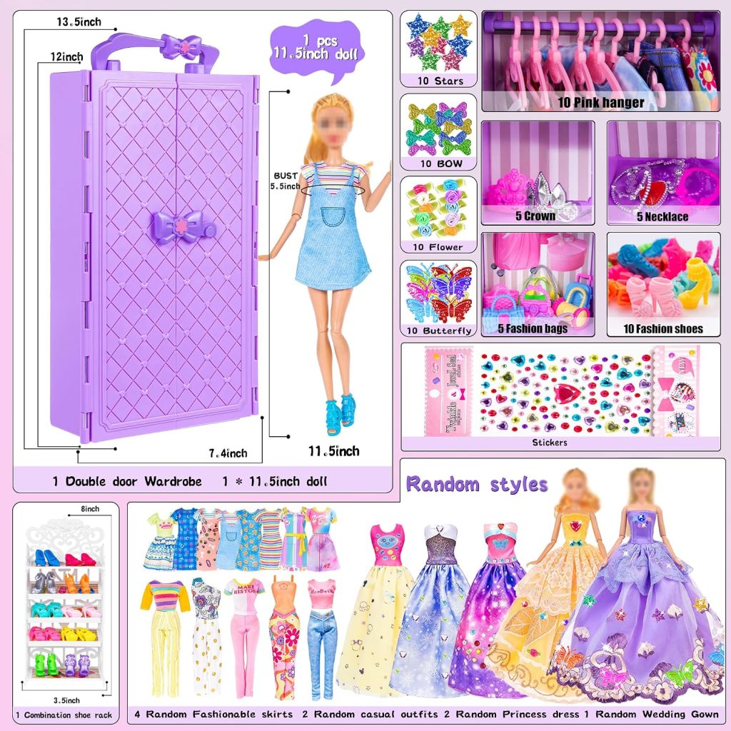 91pcs 11.5 Inch Girl Doll with Clothes, Accessories and Closet – Princess Gowns, Fashion Dresses, Outfits, Swimsuits, Shoes, Hangers – Dress Up Toys for Girls, Kids, Toddlers (Doll Included)