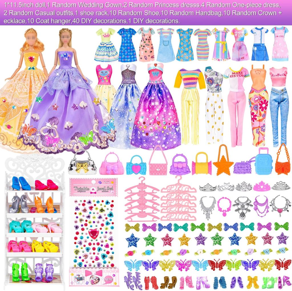 91pcs 11.5 Inch Girl Doll with Clothes, Accessories and Closet – Princess Gowns, Fashion Dresses, Outfits, Swimsuits, Shoes, Hangers – Dress Up Toys for Girls, Kids, Toddlers (Doll Included)
