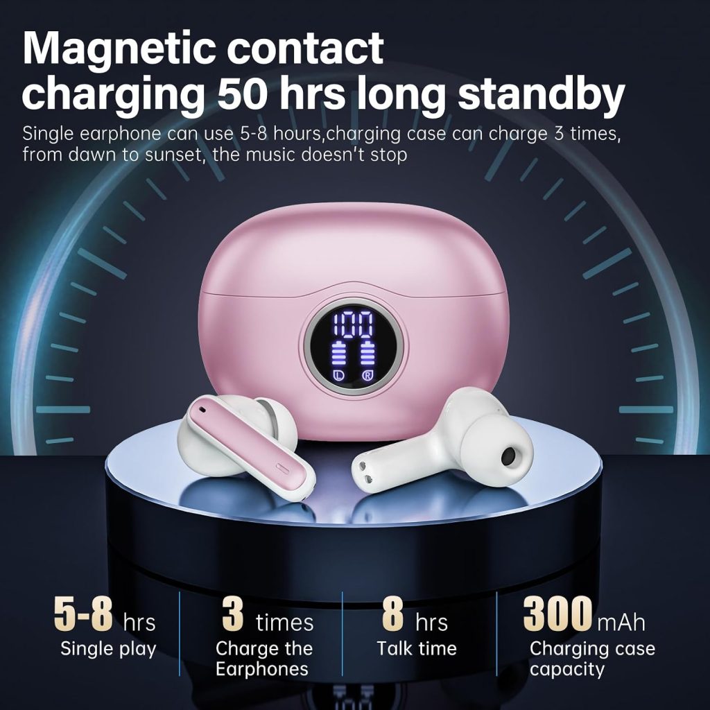 A10 Pro Wireless Earbuds Bluetooth 5.3 HiFi Stereo, 50H Playback LED Digital Display Earphones, ENC Noise Cancelling Mic, Ergonomic Sport Headphone Headset for Gym/Running/Work – Pink