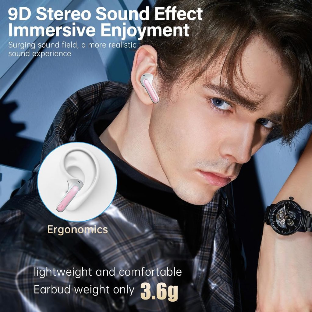 A10 Pro Wireless Earbuds Bluetooth 5.3 HiFi Stereo, 50H Playback LED Digital Display Earphones, ENC Noise Cancelling Mic, Ergonomic Sport Headphone Headset for Gym/Running/Work – Pink