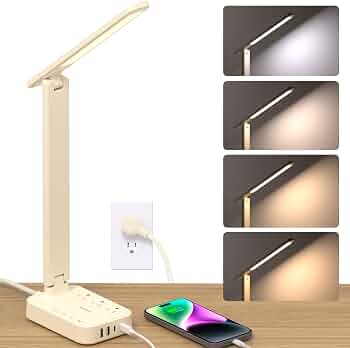 Addtam LED Desk Lamp, Power Strip with 3 Outlets 4 USB Charging Ports(2 USBC), 4 Modes 5 Level Brightness Touch Lamp, Small Desk Lamp for Home Office College Dorm Room Essentials, Cream
