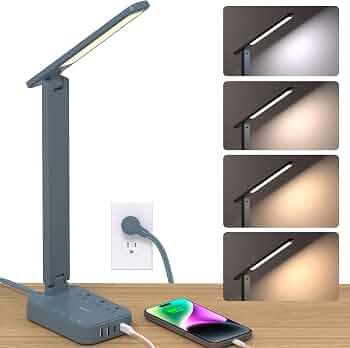 Addtam LED Desk Lamp, Power Strip with 3 Outlets 4 USB Charging Ports(2 USBC), 4 Modes 5 Level Brightness Touch Lamp, Small Desk Lamp for Home Office College Dorm Room Essentials, Blue
