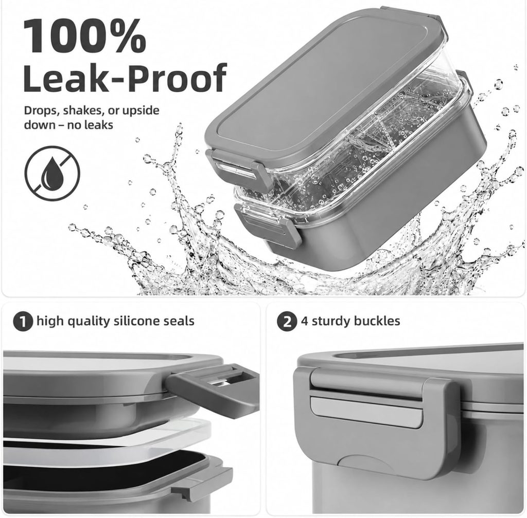 Adults Lunchbox Bento Box with Lunch Bag- 74 OZ All-in-One Stackable Lunch Box for Adults Kids Women Men Leakproof Bento Large Lunch Box Containers with Fork Spoon Sauce Box for Work School (Grey)