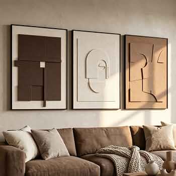 AMAATE 3Pcs 3D Sandstone Relief Wall Art, Black Frame Geometric Decor