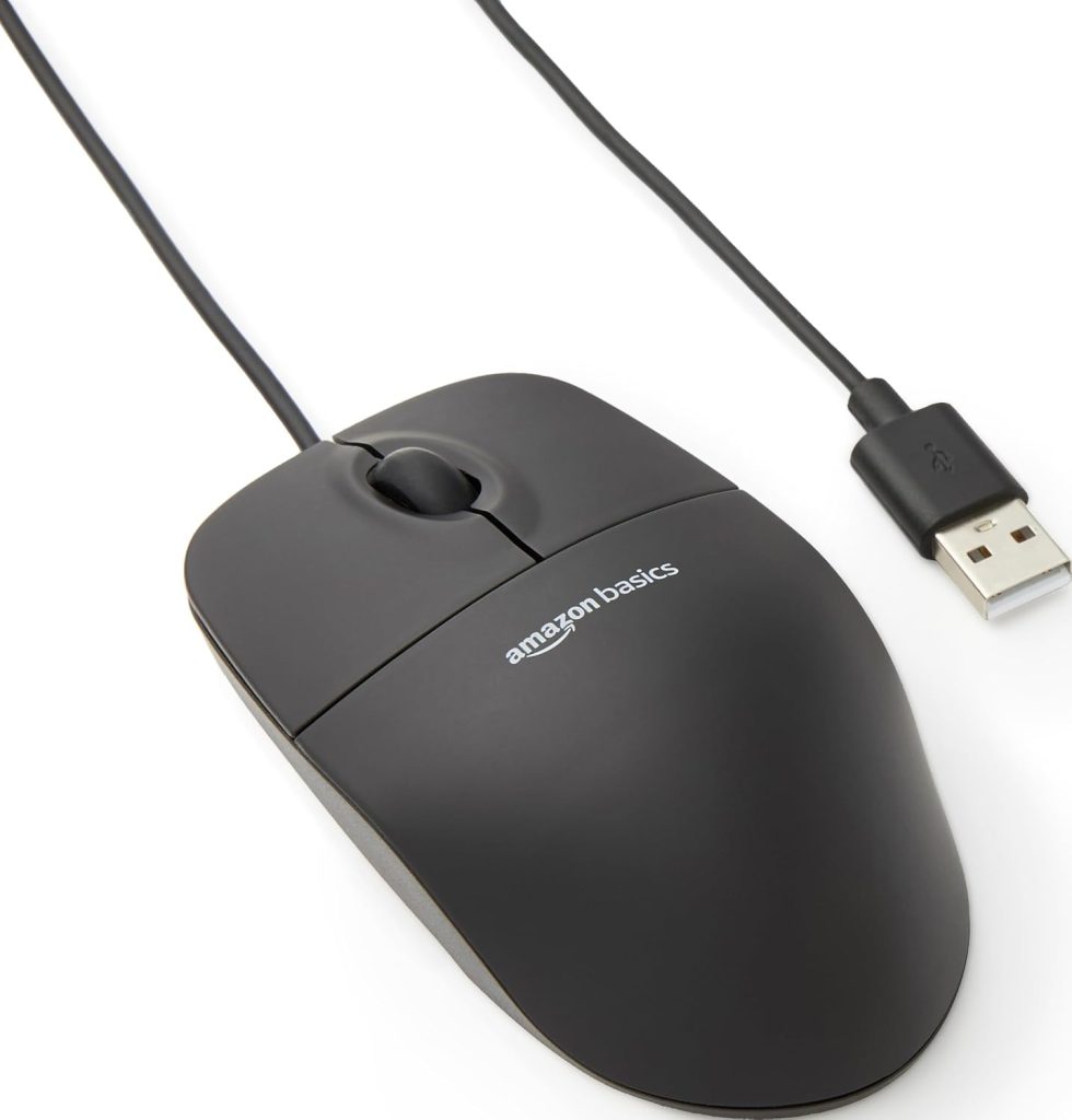 Amazon Basics 3-Button USB Wired Mouse with Responsive Tracking, Plug & Play, Compatible with Windows and Mac, Black