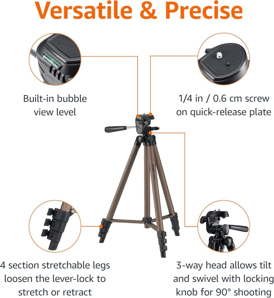 Amazon Basics 50-inch Lightweight Portable Camera Tripod Stand with Quick-Release Plate, Adjustable Height, Aluminum, for Travel Photography, Champagne