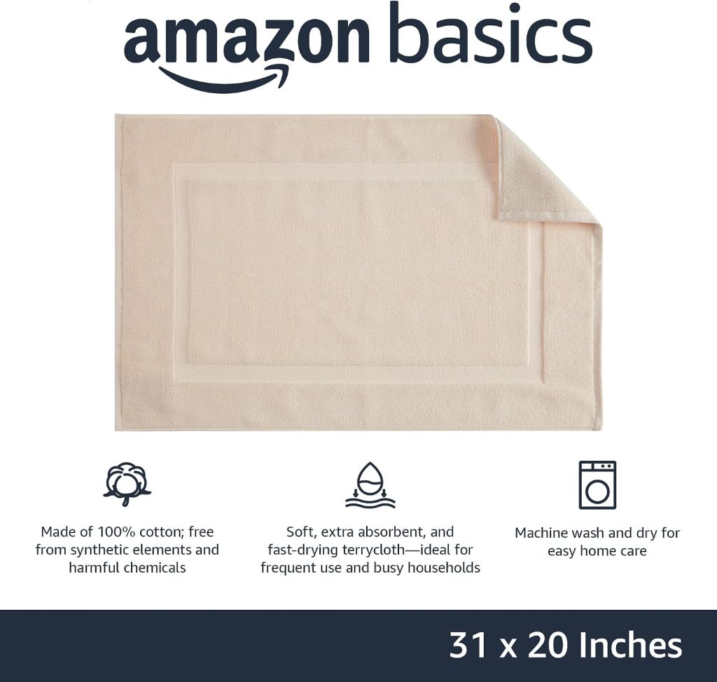 Amazon Basics Banded Bathroom Bath Rug Mat, Machine Washable, Super Absorbent, 100% Cotton, 20″ W x 31″ L, Cream (Pack of 2)