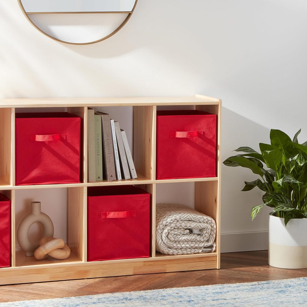 Amazon Basics Collapsible Fabric Storage Bins with Handles, Cube Organizer, Home Organization, 10.5″x10.5″x11″, Red, 6-Pack