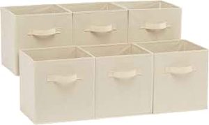Amazon Basics Collapsible Fabric Storage Cubes Organizer with Handles, Sturdy Storage Bins for Organization, 10.5″ x 10.5″ x 11″, Beige, 6-Pack