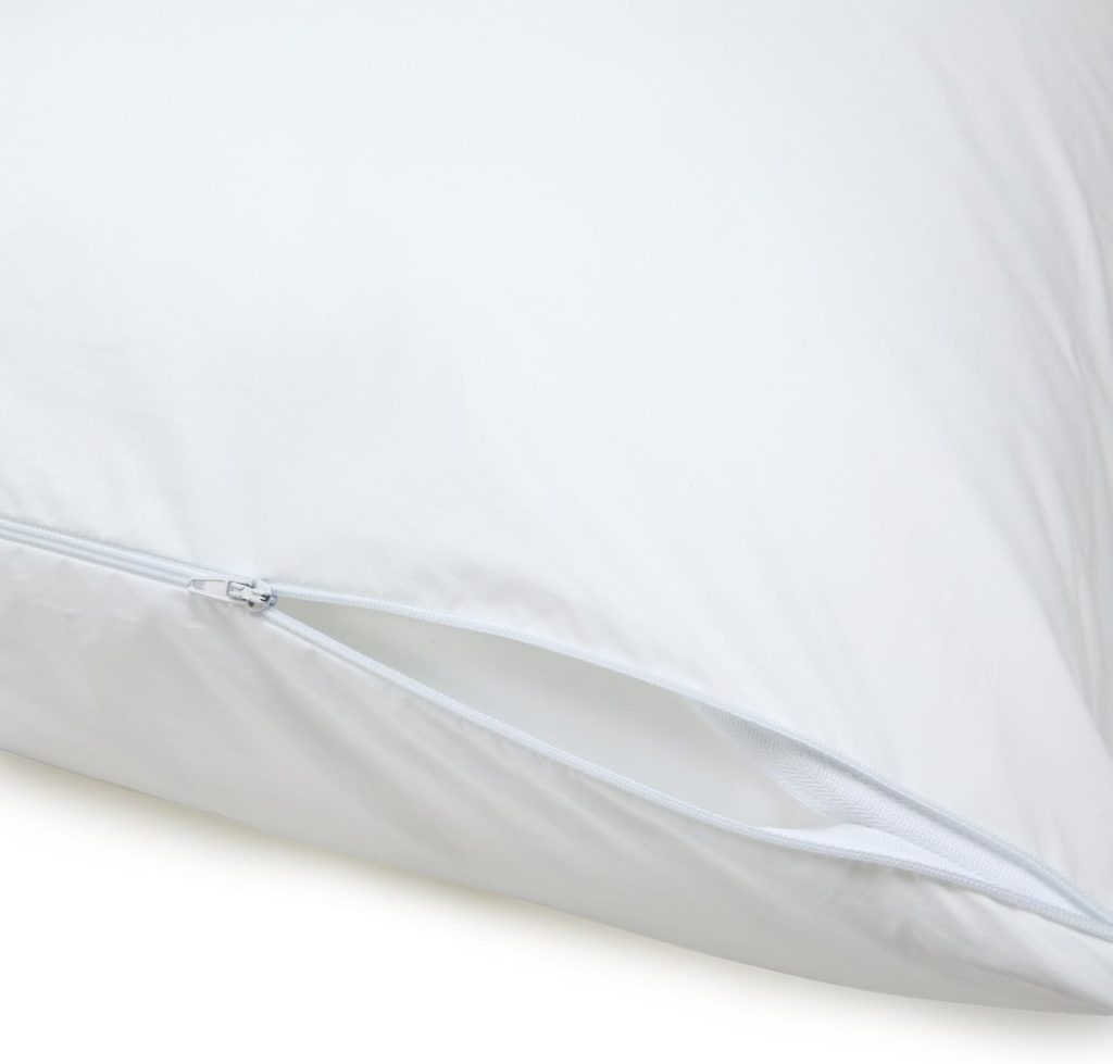 Amazon Basics Down Alternative Bed Pillows and Pillow Protector Case Set, Medium Density, Standard Size 26″ x 20″, Hypoallergenic, Microfiber, Washable, White, 2-Pack