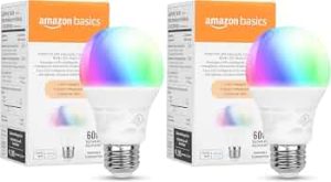 Amazon Basics Smart A19 LED Light Bulb, Color Changing, 9W (60W Equivalent), 800LM, Compatible with Alexa Only, WiFi 2.4 GHz, No Hub Required, Mood Lighting, Energy Efficient, 2-Pack