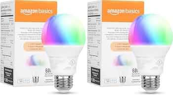 Amazon Basics Smart A19 LED Light Bulb, Color Changing, 9W (60W Equivalent), 800LM, Compatible with Alexa Only, WiFi 2.4 GHz, No Hub Required, Mood Lighting, Energy Efficient, 2-Pack