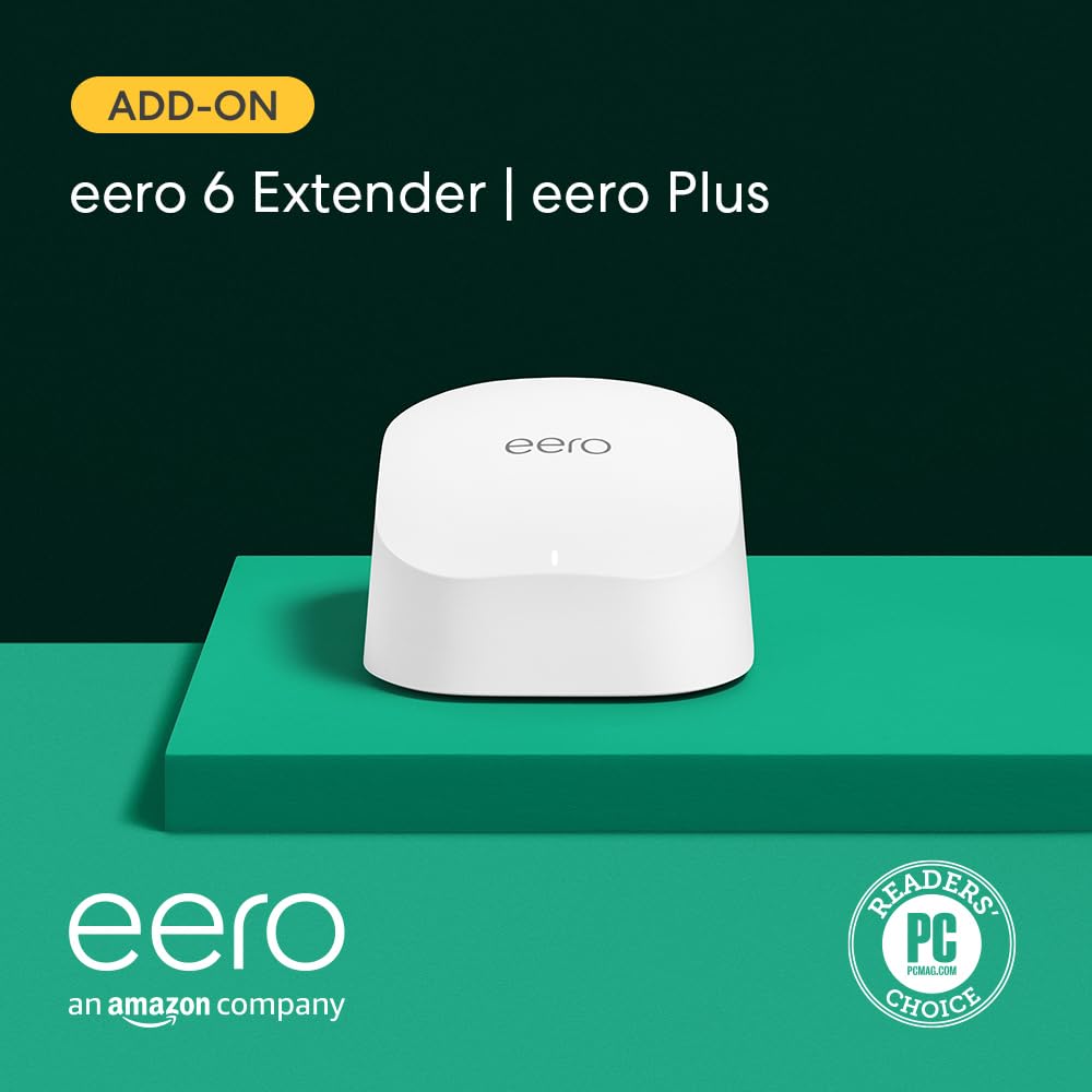 Amazon eero 6 mesh wifi extender with 1-month free eero Plus (auto-renews) – Add up to 1,500 sq. ft. of Wi-Fi 6 coverage to your existing eero mesh wifi network