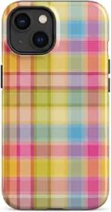 Compatible with iPhone 15 Case Stylish Colorful Plaid Pattern Retro Square Phone Case Shockproof Double-Layer Drop-Resistant Protection (Colorful Grid, iPhone 15)