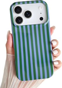 Yeddabox for iPhone 17 Pro Case Cute Striped Phone Case Soft TPU Slim Shockproof Phone Cover for Women Girls, Green and Blue