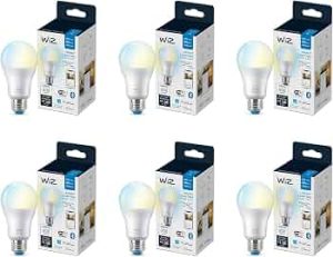 WiZ 60W A19 Tunable White LED Smart Bulb – Pack of 6 – E26- Indoor – Connects to Your Existing Wi-Fi – Control with Voice or App + Activate with Motion – Matter Compatible
