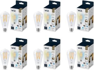WiZ Clear 60W ST19 Tunable White Filament LED Smart Bulb – Pack of 6 – E26- Indoor – Connects to Your Existing Wi-Fi – Control with Voice or App + Activate with Motion – Matter Compatible