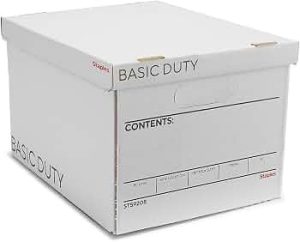 Staples Corrugated File Box, Lift-Off Lid, Letter/Legal, White/Black, 10/Pk