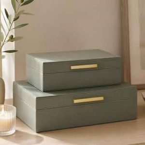 Decorative Storage Boxes with Lids – Set of 2 PU Leather Organizer Bins