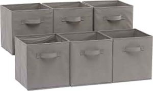 Amazon Basics Collapsible Fabric Storage Cubes Organizer with Handles, Sturdy, Foldable, Space-Saving, 10.5″x10.5″x11″, Gray, 6-Pack