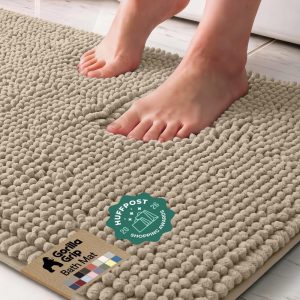 GORILLA GRIP Bath Rug Mat for Bathroom, Absorbent Chenille 24×17 Gray Beige