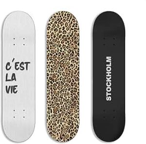 TwoDays Stockholm Style Skateboard Wall Decor – Modern Wall Mount Art Set for Men’s Apartment & Dorm, Cool Cheetah Print Skate Deck, Trendy Skater Room Design (Set of 3)