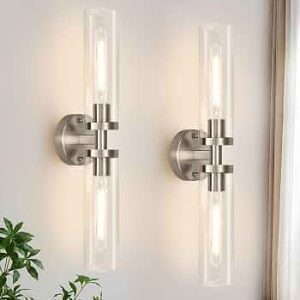 Wall Sconces Set of Two, Hardwired Brushed Nickel Bathroom Sconces Wall Lighting with Clear Glass, Modern Sconces Wall Decor Set of 2 Bathroom Light Fixtures for Mirror Hallway (Bulbs Not Included)