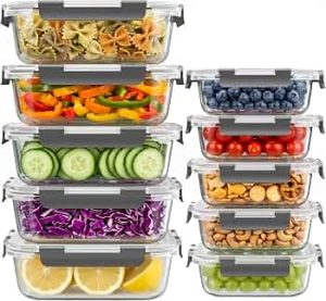 10 Sets 36 oz & 12 oz Glass Food Storage Containers with lids, Gray