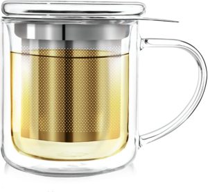Teabloom Personal Tea Maker – Insulated Heatproof Glass Cup with Loose Tea Infuser and Lid/Coaster – Tea Connoisseur’s Choice – Borosilicate Glass Infusion Mug (8 Oz)