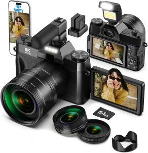 6K WiFi Flip Screen Digital Camera, Mic & Fill Light for Photography