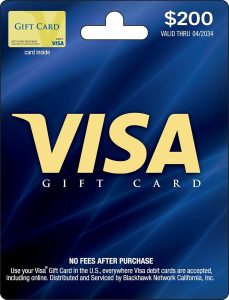 Visa Physical Gift Card – $200 (plus $6.95 Purchase Fee)
