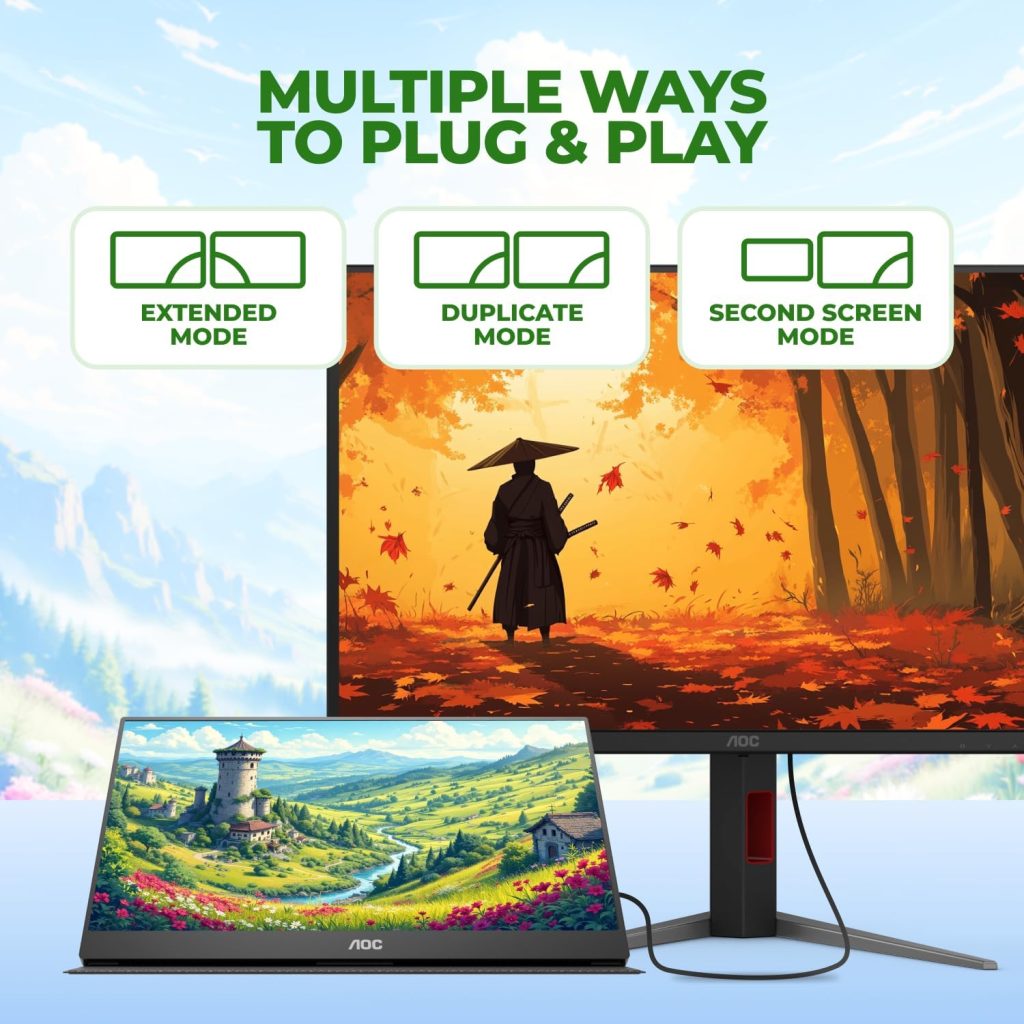 AOC 16″ Portable Monitor FHD 60Hz USB-C IPS Ultra Slim Smart Cover 16T20