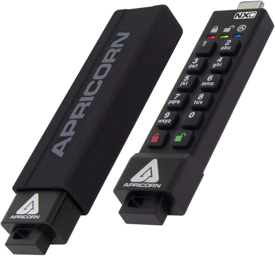 Apricorn 128GB Aegis Secure Key 3 NXC 256-Bit Hardware-Encrypted USB 3.2 Type C Flash Drive, FIPS 140-2 Level 3 Validated (ASK3-NXC-128GB), Black