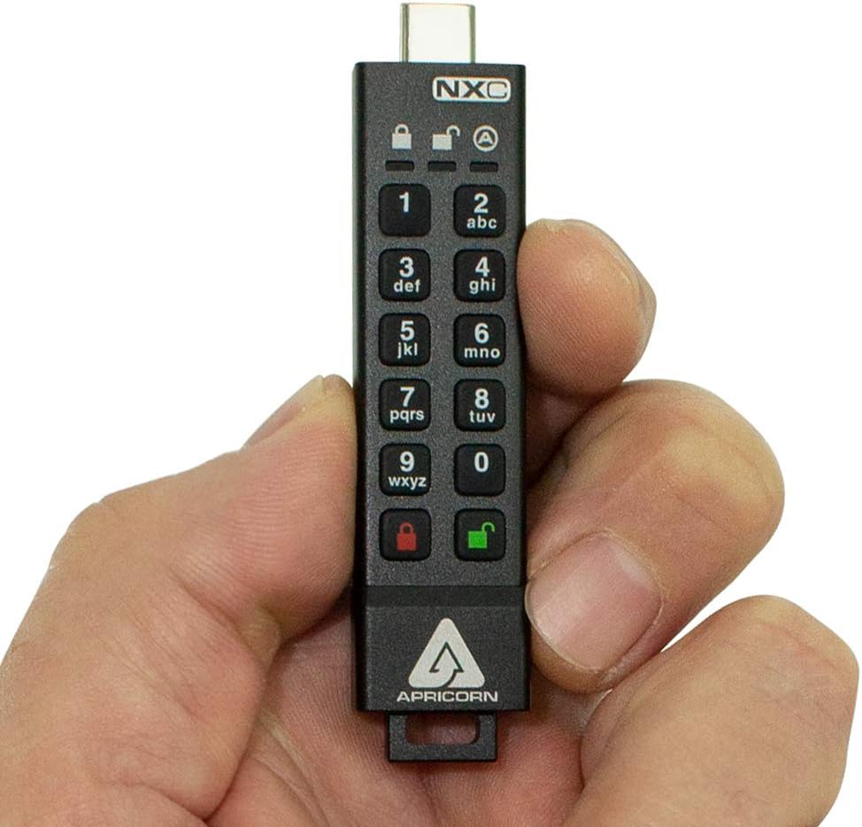 Apricorn 128GB Aegis Secure Key 3 NXC 256-Bit Hardware-Encrypted USB 3.2 Type C Flash Drive, FIPS 140-2 Level 3 Validated (ASK3-NXC-128GB), Black