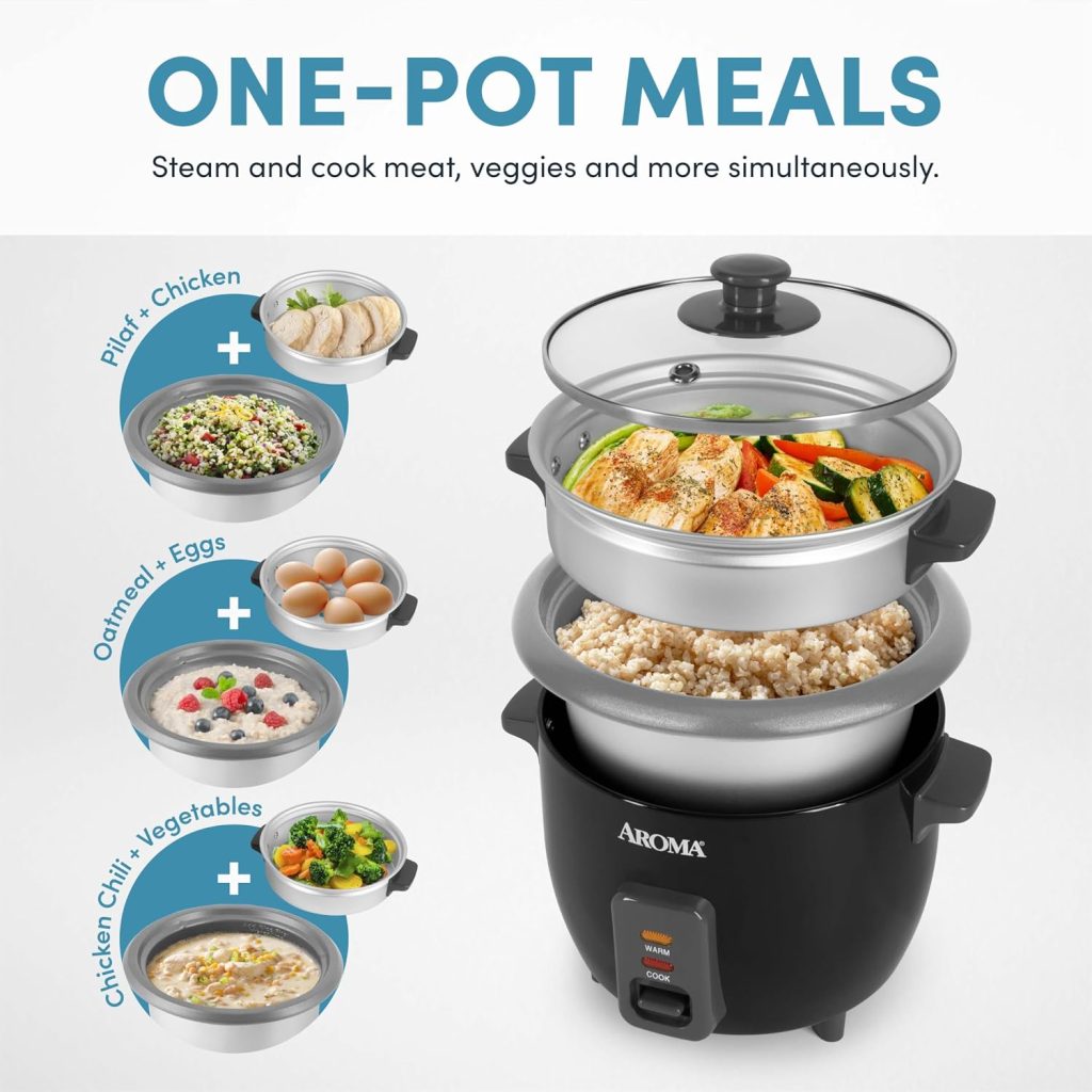 Aroma Housewares ARC-363-1NGB 3 Uncooked/6 Cups Cooked Rice Cooker, Steamer, Multicooker, 2-6 cups, Black