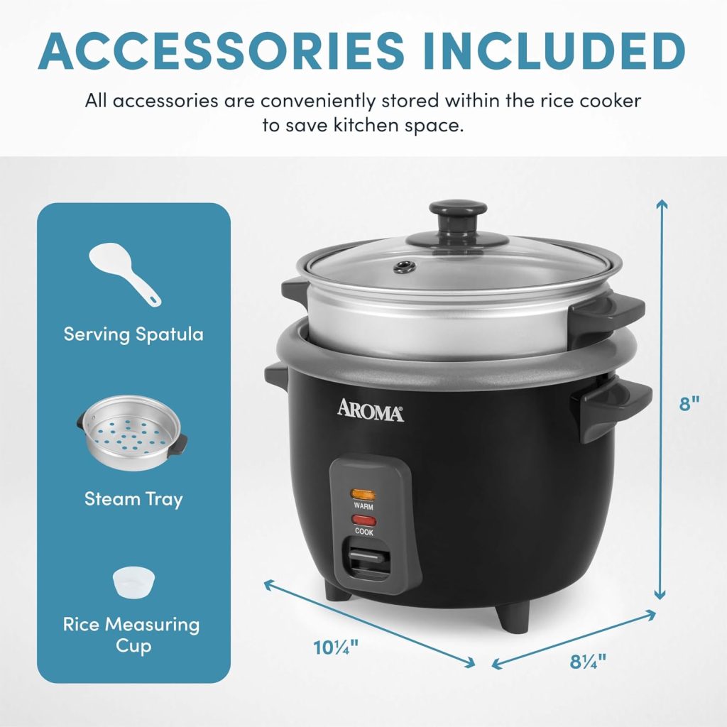 Aroma Housewares ARC-363-1NGB 3 Uncooked/6 Cups Cooked Rice Cooker, Steamer, Multicooker, 2-6 cups, Black