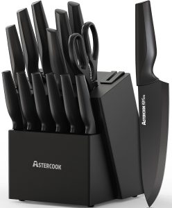 Astercook 15 Pieces Kitchen Knife Block Set with Sharpener, Black