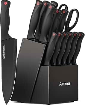 Astercook Knife Set for Kitchen with Block and Sharpener 15pcs German