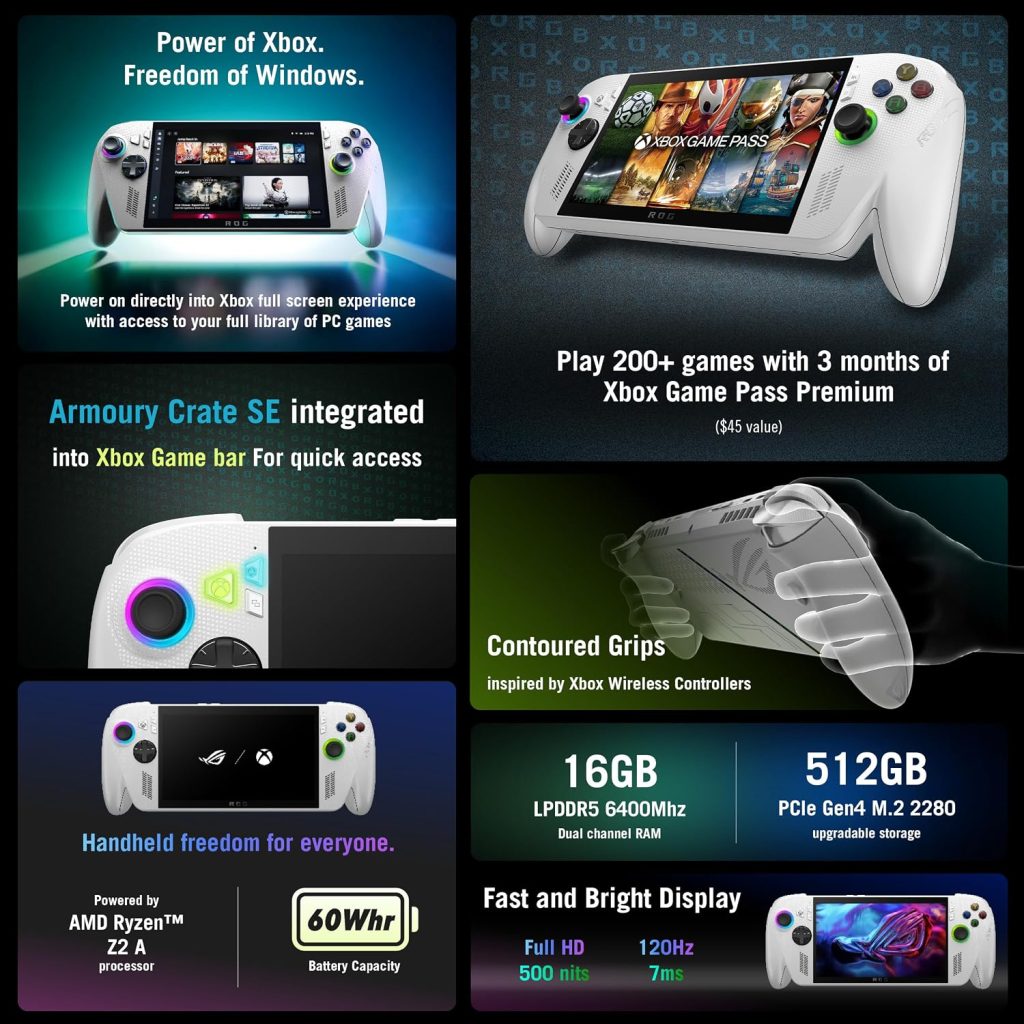 ASUS ROG Xbox Ally – 7” 1080p 120Hz Touchscreen Gaming Handheld, 3-month Xbox Game Pass Premium included, AMD Ryzen Z2 A, 16GB RAM, 512GB SSD, White