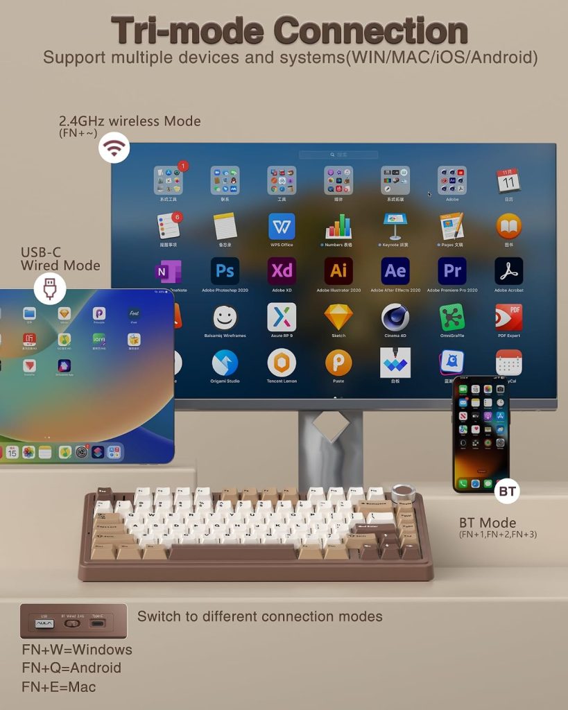 AULA F75 75% Wireless Mechanical Keyboard, Hot Swappable Creamy Keyboard, Pre-lubed Linear Switches, 2.4GHz/Type-C/BT5.0, RGB Backlit Gaming Keyboards(White&Brown)