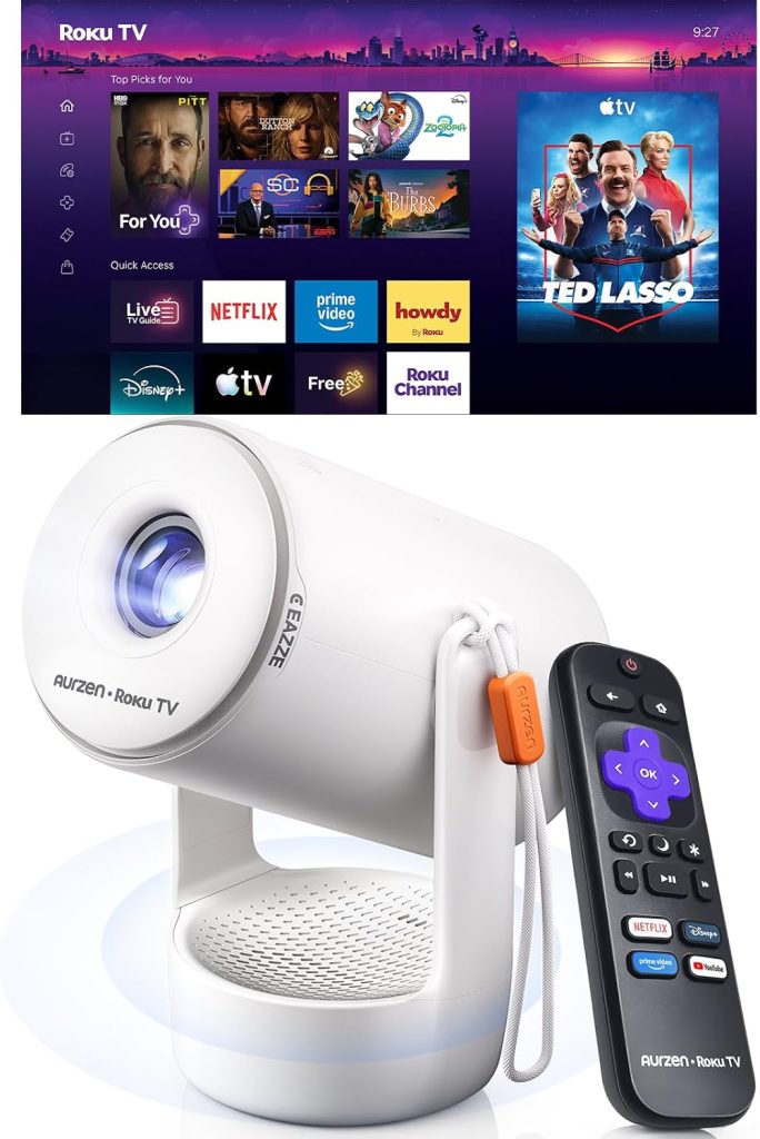 Aurzen Roku TV E1R Smart Portable Mini Projector with WiFi and Bluetooth