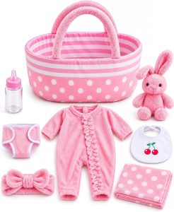 BABESIDE 8PCS Baby Doll Accessories Set with Bassinet for 17-22 Inch Dolls