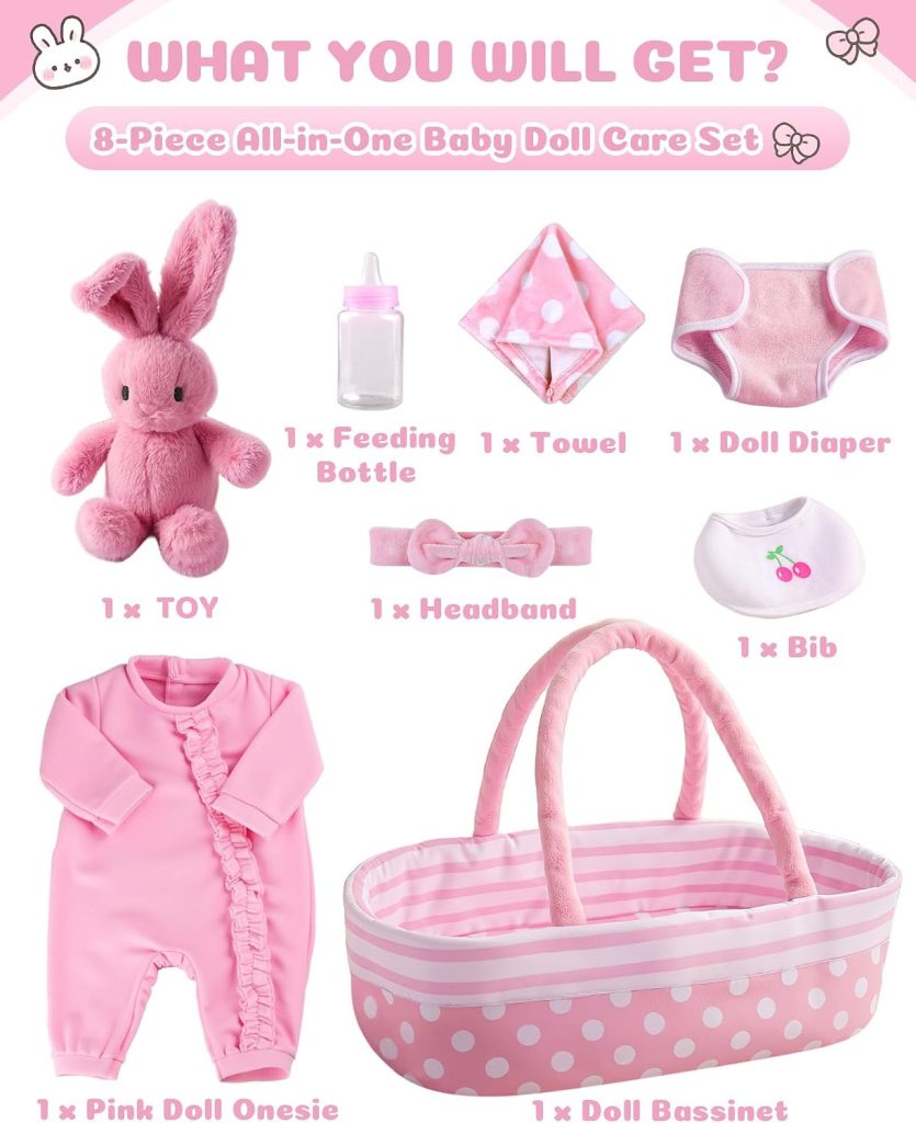 BABESIDE 8PCS Baby Doll Accessories Set with Bassinet for 17-22 Inch Dolls