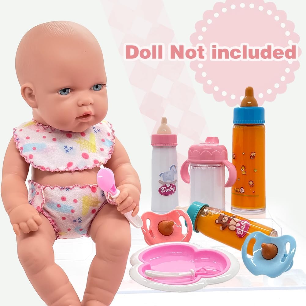 Baby Doll Accessories Magic Bottle Set – 11 Pieces Doll Feeding Pretend Playset with Disappearing Milk & Juice Bottles, Pacifiers Bowl Diaper and Bib Doll Bottle Toys set Gift for Kids Girls Ages 3+