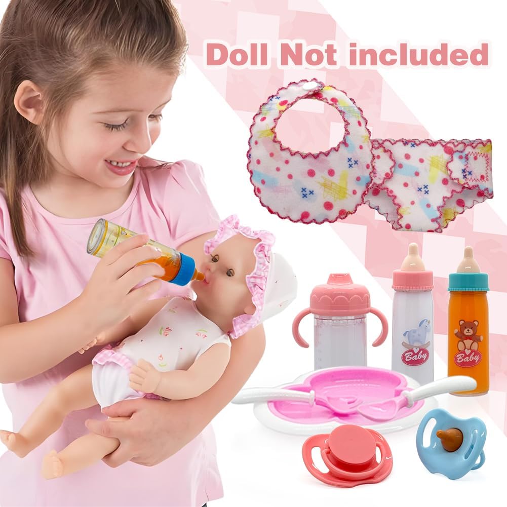 Baby Doll Accessories Magic Bottle Set – 11 Pieces Doll Feeding Pretend Playset with Disappearing Milk & Juice Bottles, Pacifiers Bowl Diaper and Bib Doll Bottle Toys set Gift for Kids Girls Ages 3+
