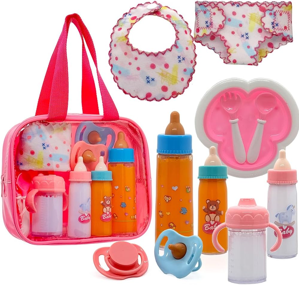 Baby Doll Accessories Magic Bottle Set – 11 Pieces Doll Feeding Pretend Playset with Disappearing Milk & Juice Bottles, Pacifiers Bowl Diaper and Bib Doll Bottle Toys set Gift for Kids Girls Ages 3+