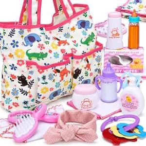 Baby Doll Accessories Set, Diaper Bag and 16 Piece Pretend Play Feeding Kit