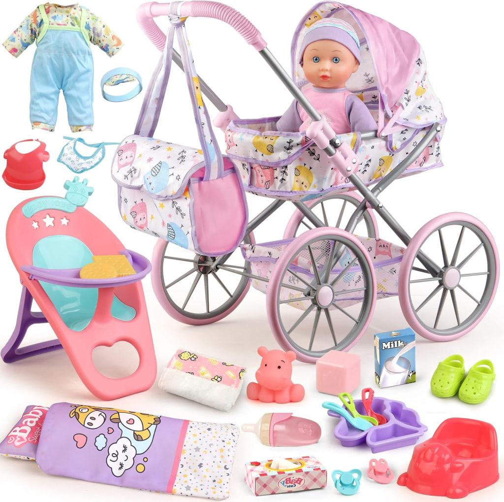 Baby Doll Stroller Playset for Girls Toddlers 3-5 4-6 5-7 Year Old to Play House Games. Stroller Toy with 12.5″ Baby Doll, Dining Chair, Quilt Pillow, 24 PCS Doll Accessories and 2 Sets Clothes.